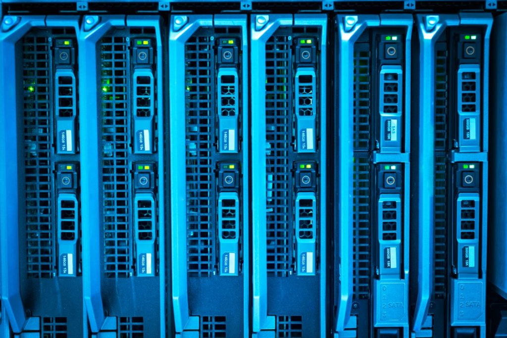 Illuminated server racks in a modern enterprise data center