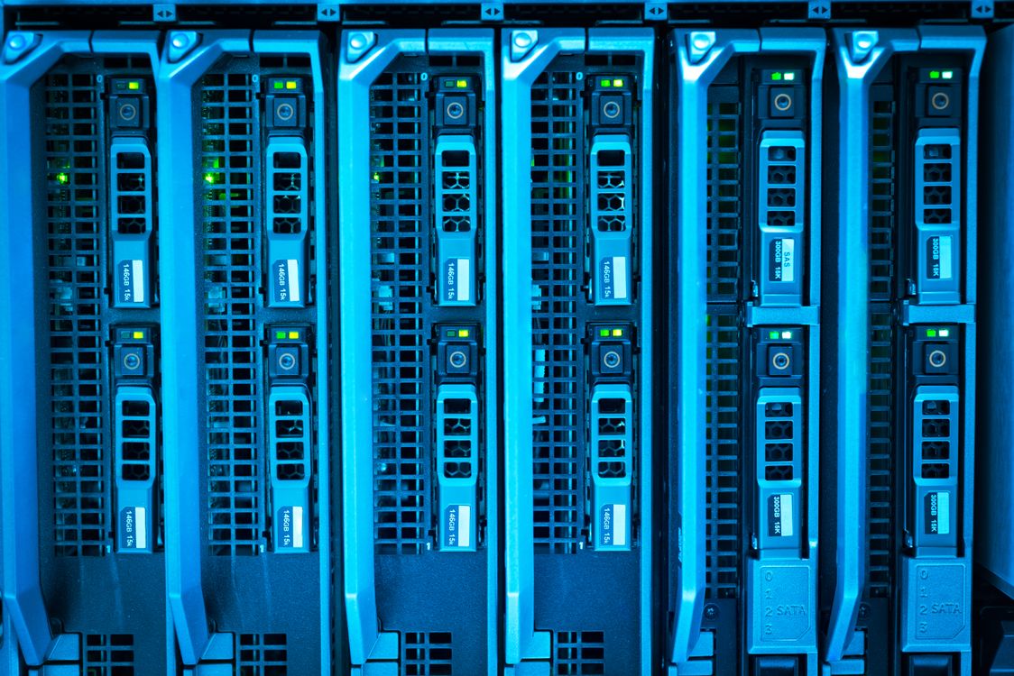 Illuminated server racks in a modern enterprise data center