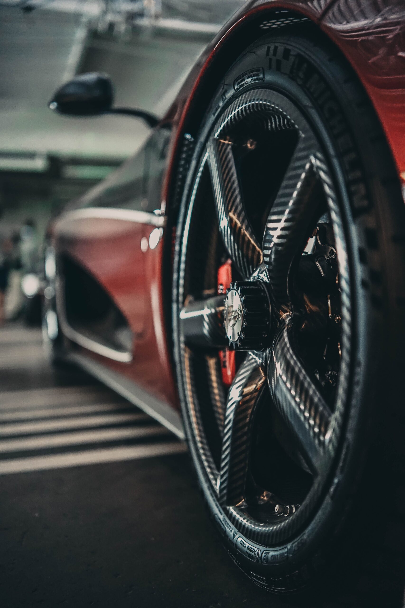 Close-up of a performance car wheel and tire